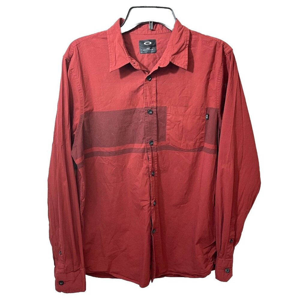 Oakley Button Up Shirt BURGANDY Stripe Long Sleeves Pocket Sz M Regular